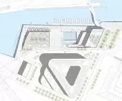 competition board, bird's eye view and site plan