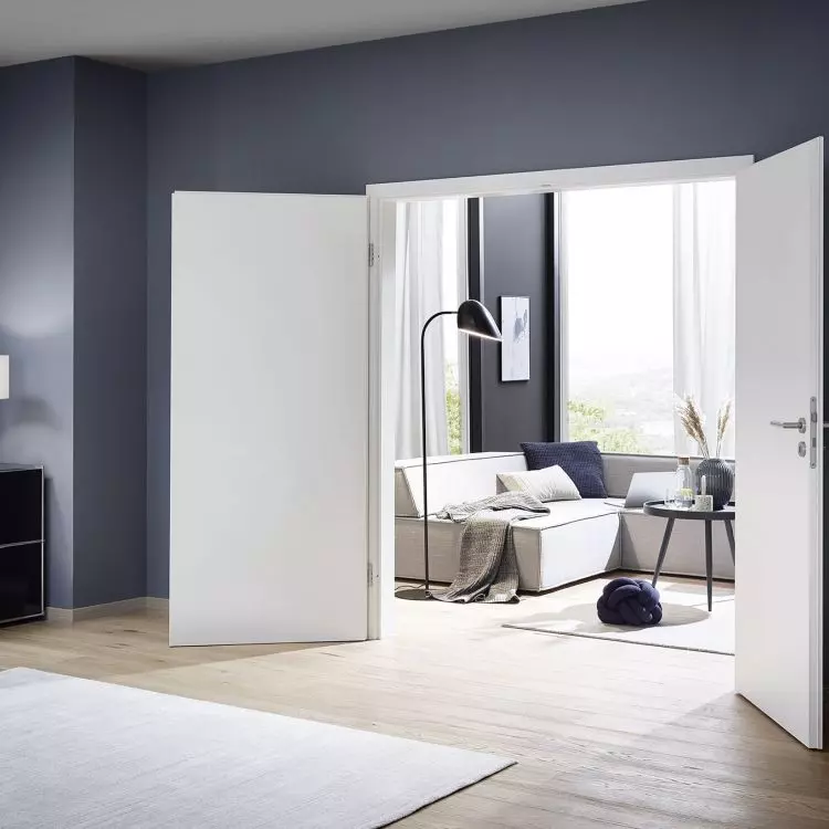 ProLine 2-leaf wooden door with rebate, Duradecor white lacquer surface, with Linea matt stainless steel handle