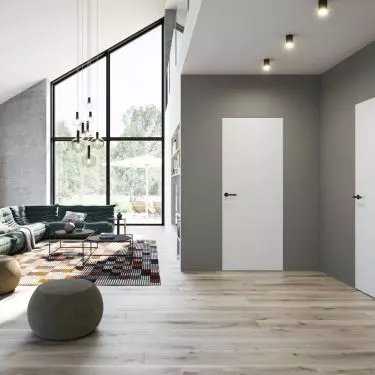 Doorless wooden door with Zeroline frame, lacquered in RAL 9016 (white) with matte black Linea handle