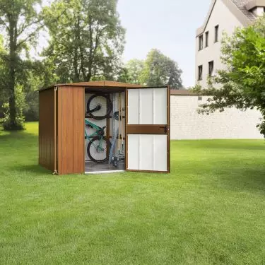 Domek ogrodowy Modern z dachem dwuspadowym z powierzchnią drewnopodobną Golden Oak