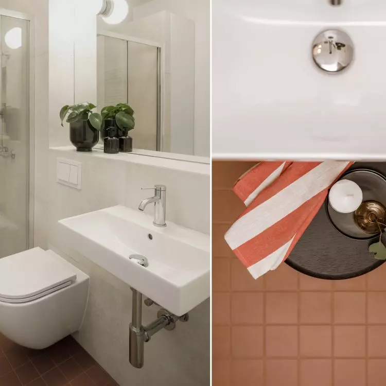 The bathroom floor has a terracotta shade