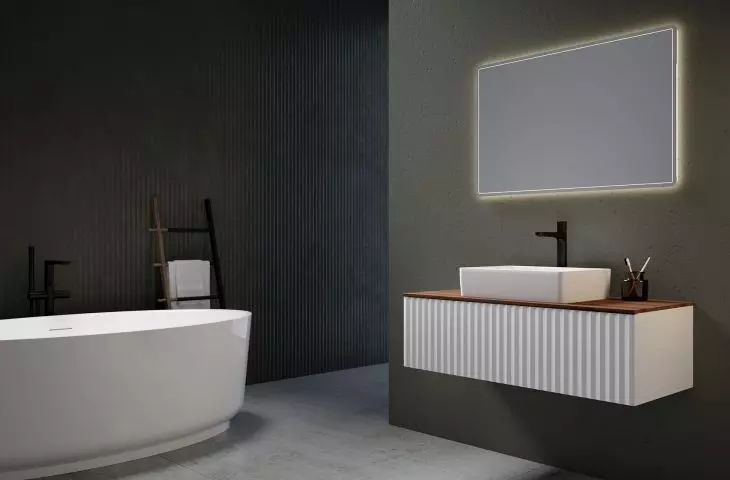 Ksuro 02 - under-basin cabinet 120 cm hanging white matt with walnut top (58004006)