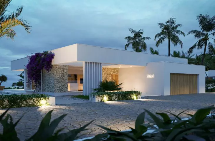 NewHouse 702 w1 — nowoczesny projekt parterowego domu z płaskim dachem, 3 sypialniami, zadaszonym tarasem i dużym garażem