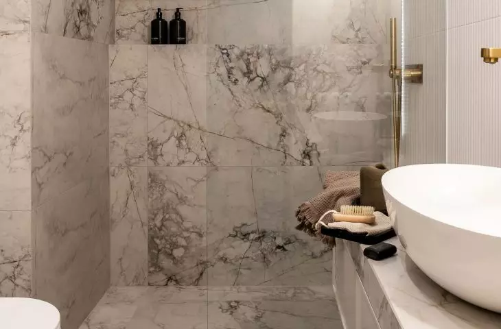 The walk-in shower was separated only by a glass wall