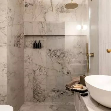 The walk-in shower was separated only by a glass wall
