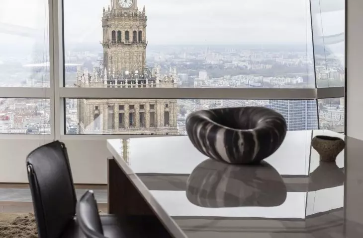 The apartment offers a beautiful view of the Warsaw skyline
