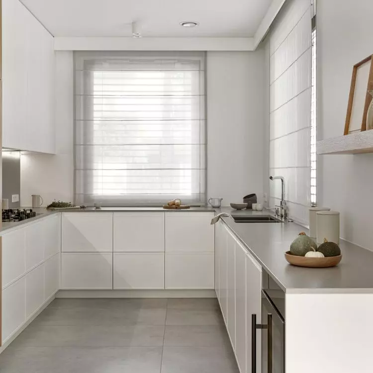 The kitchen cabinet is U-shaped