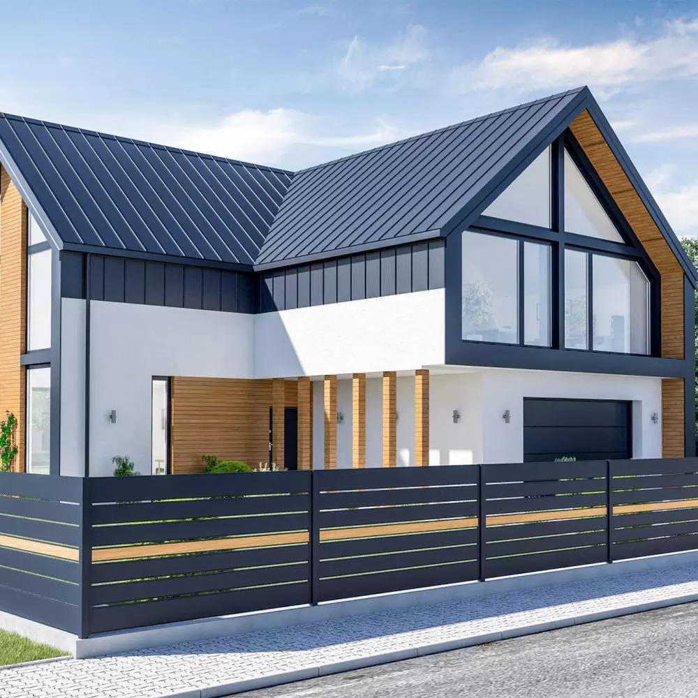 Panele dachowe IRON Click doskonale komponują się z nowoczesnymi projektami domów, harmonizując z prostą formą brył
