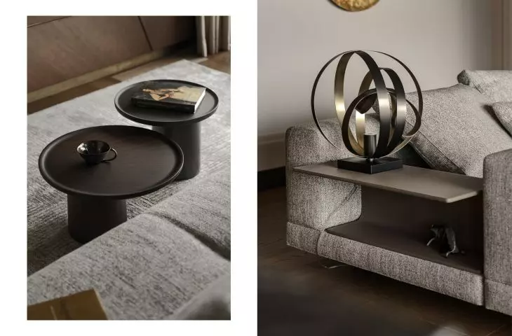 The warm color of the floor was broken with black accessories