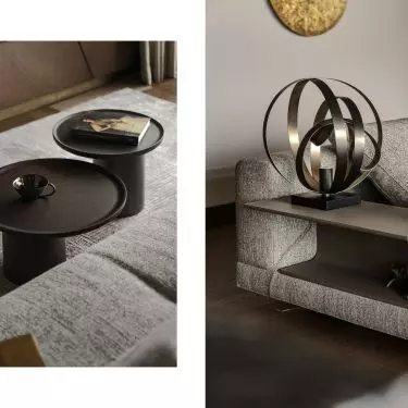 The warm color of the floor was broken with black accessories