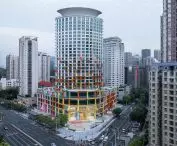 A wider view of the facade of the Shenzhen Women and Children's Center