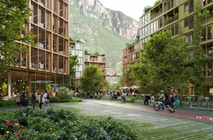 Wizualizacja osiedla Ponte Roma z widokiem na Alpy