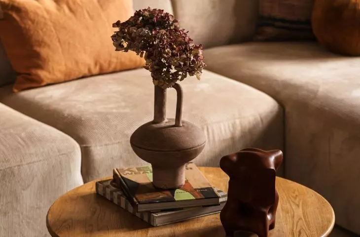 The arrangement uses a lot of wood