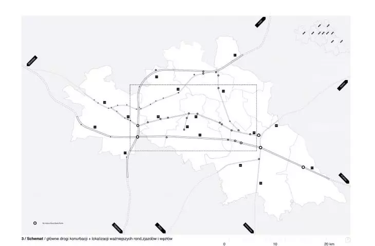 main roads of the Upper Silesian conurbation and location of major traffic circles, exits, junctions