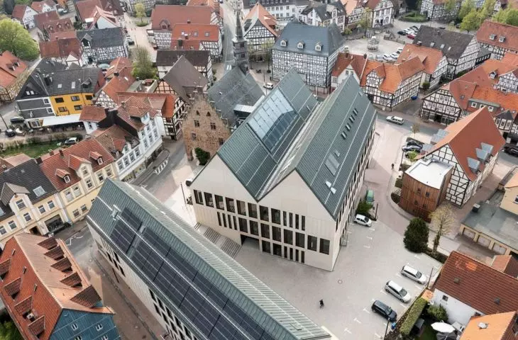 A bird's-eye view of the rooftops of the city of Korbach
