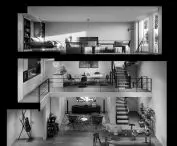 a cross-section through a three-story apartment
