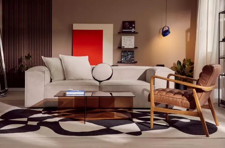 The red element should be balanced with softer colors