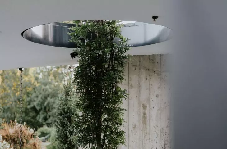 The openings in the ceiling slab are inspired by the designs of Japanese architect Tadao Andō