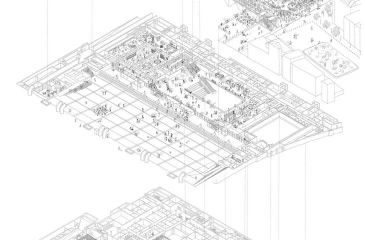 Aksonometria Centre Pompidou po renowacji (parter i antresola)