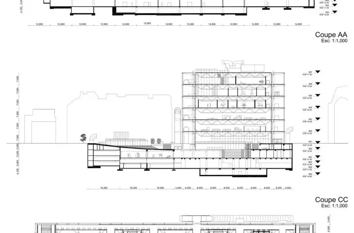 Przekrój przez plan renowacji Centrum Pompidou