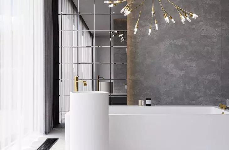 Luxum, wyspa kąpielowa z kompozytu GFK Luxum®; płytki lustrzane; tynk dekoracyjny