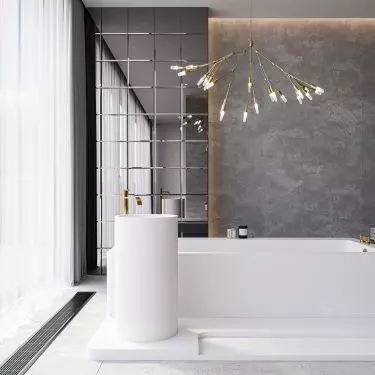 Luxum, Luxum® GRP composite bath island; mirrored tiles; decorative plaster