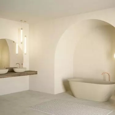 Bilbao bathtub and Escala Solid Color washbasin in Pebble Grey