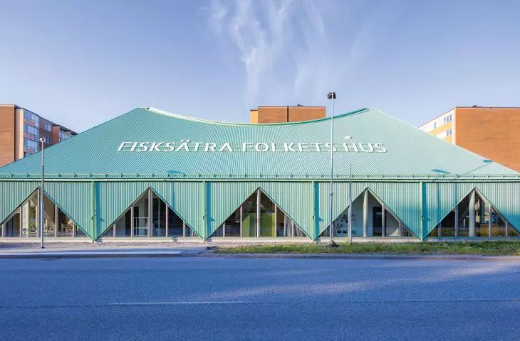 Fisksätra Folkets Hus, Sweden, by sandellsandberg arkitekter, Stockholm. GreenCoat Pro BT in Silver Fir Green.