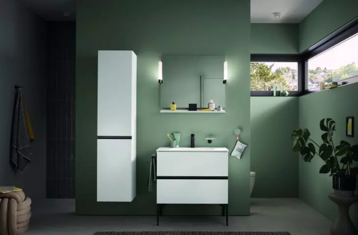 Bright Colors: Painted walls are an easy way to introduce color into a bathroom. Sage's muted shades are ideal for creating an elegant feel. White bathroom items, such as those from the Sivida by Starck series, create an interesting contrast