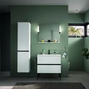 Bright Colors: Painted walls are an easy way to introduce color into a bathroom. Sage's muted shades are ideal for creating an elegant feel. White bathroom items, such as those from the Sivida by Starck series, create an interesting contrast