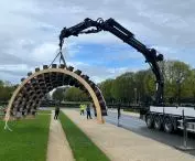 Installation of the 'Caterpillar' pavilion in the Park du Cinquantenaire in Brussels