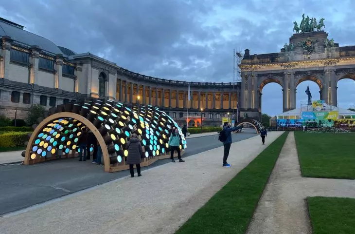 Illuminated Caterpillar pavilions in the Park du Cinquantenaire in Brussels during the international New European Bauhaus Festival