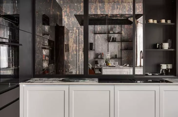 The kitchen cabinet has a simple form