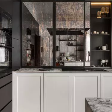 The kitchen cabinet has a simple form