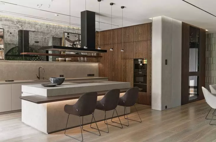 Natural stones, brass, copper or uniquely colored veneers will create a sophisticated arrangement