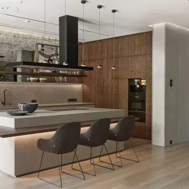 Natural stones, brass, copper or uniquely colored veneers will create a sophisticated arrangement