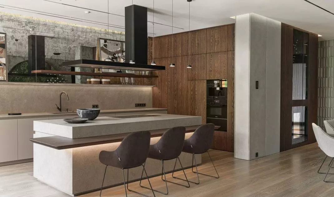 Natural stones, brass, copper or uniquely colored veneers will create a sophisticated arrangement