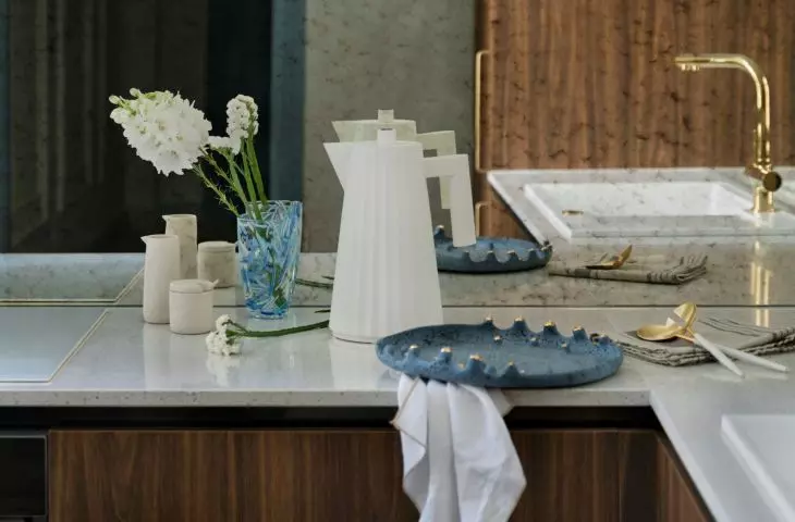 The kitchen furniture was made of dark veneer