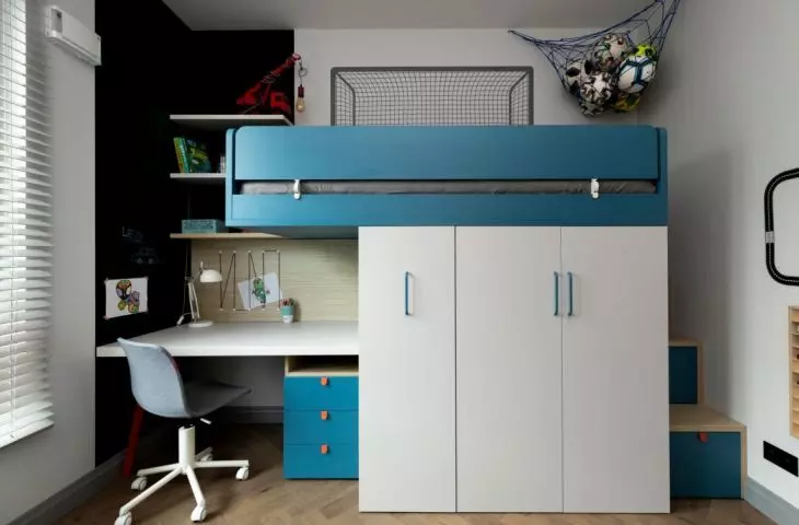 The architect created a structure that combines a desk, a closet and a bed