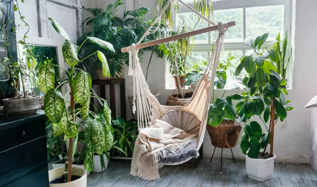 Natural materials and lots of potted plants are a recipe for a pleasant interior