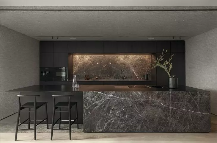 The island was equipped with a bar and a cooktop