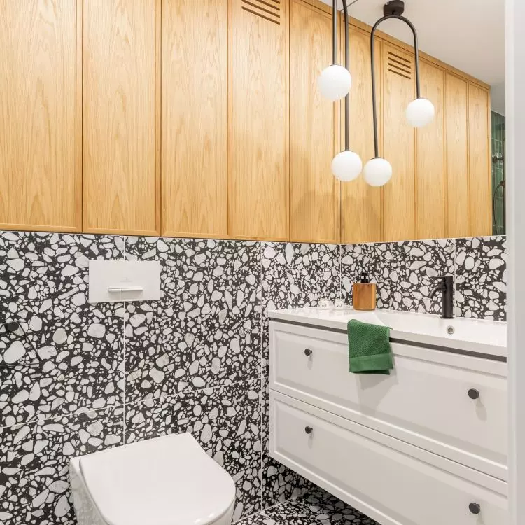 Wooden elements balance patterned tiles
