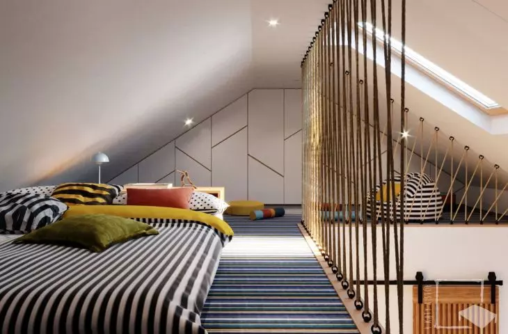 The bedroom is separated from the rest of the apartment by a partition of woven ropes