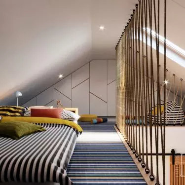The bedroom is separated from the rest of the apartment by a partition of woven ropes