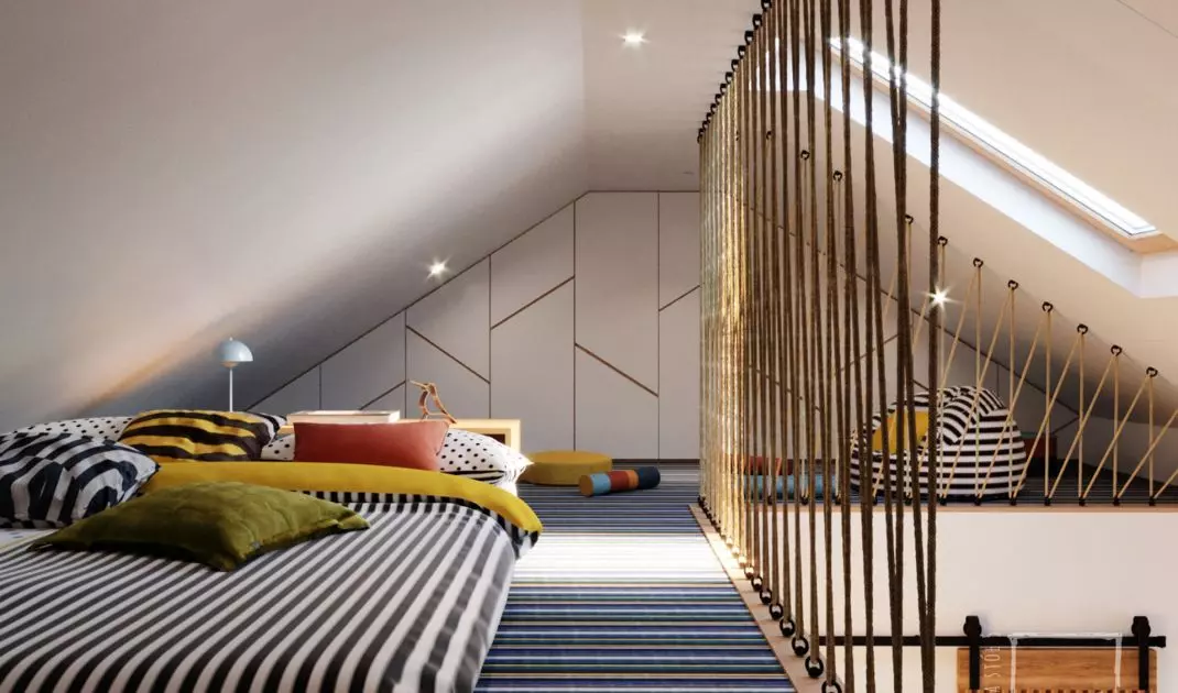 The bedroom is separated from the rest of the apartment by a partition of woven ropes