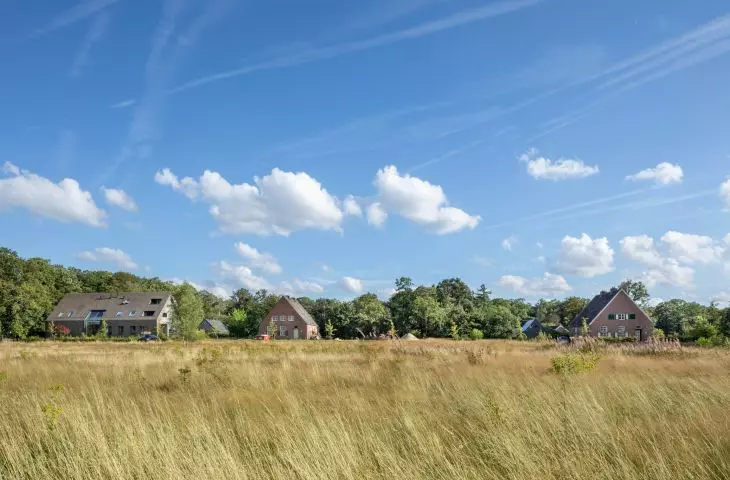 A field of tall grass waving in the wind, creating a picturesque landscape, while in the background is the modern Buitenplaats Koningsweg estate