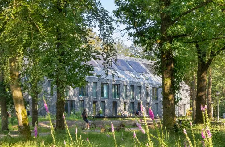 A modern building with large windows and solar panels on the roof, surrounded by lush greenery and tall trees, with purple flowers in the foreground and a person riding on the bike path
