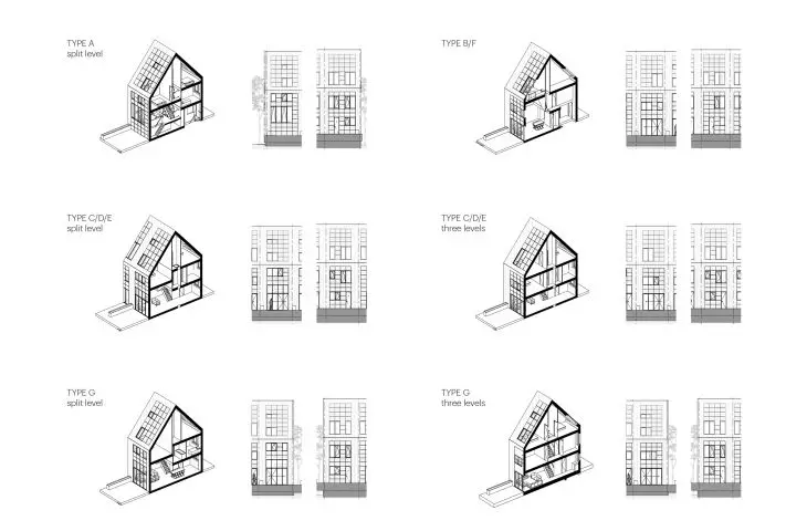 Rysunek architektoniczny przedstawiająca przekroje i elewacje różnych typów domów, w tym projekty dwupoziomowe i trzypoziomowe