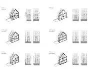 Architectural drawing showing cross-sections and elevations of different types of houses, including two-story and three-story designs