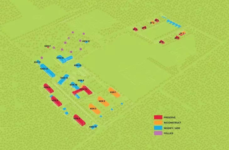 Site plan showing buildings: protected, rebuilt, modified and small decorative buildings in the park